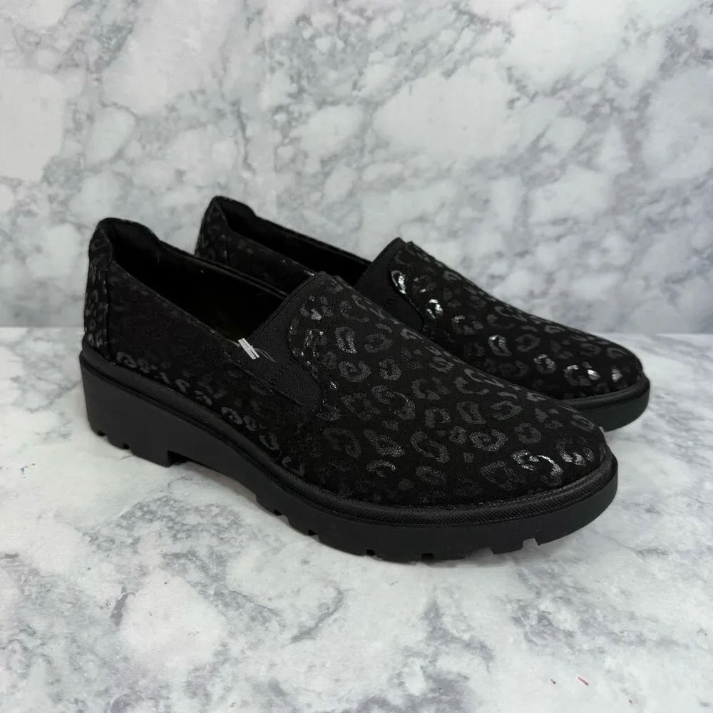 Clarks Black Leopard Print Loafers - Picture 1 of 8